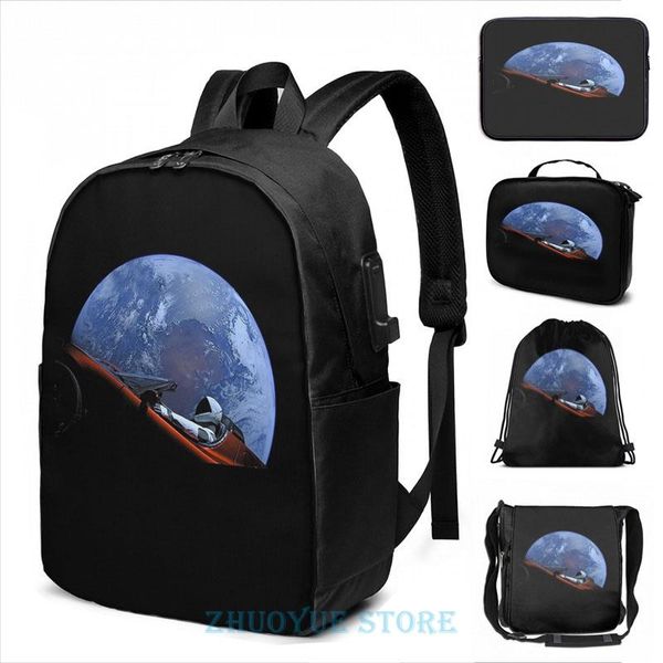 

backpack funny graphic print spacex starman in orbit usb charge men school bags women cosmetic bag travel laptop