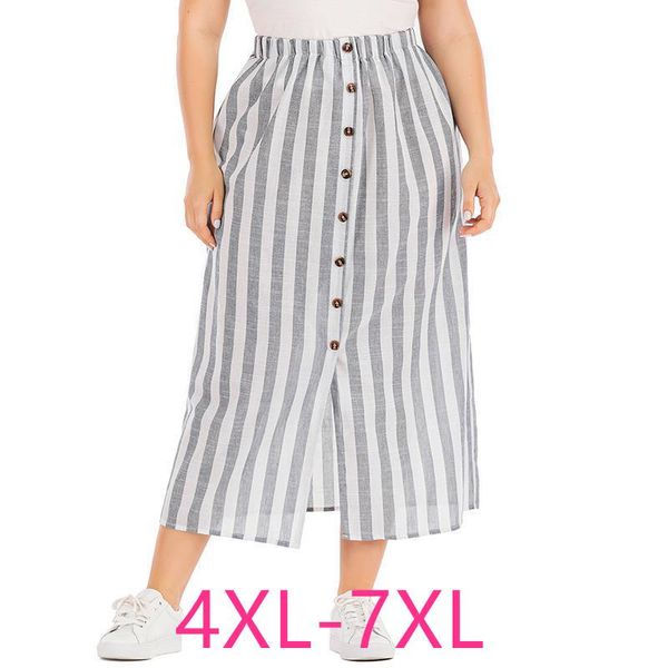 

skirts 2021 spring summer plus size long skirt for women large casual loose button gray white stripe 4xl 5xl 6xl 7xl, Black