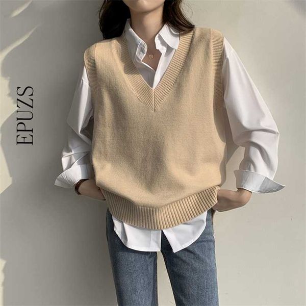 

oversized knitted vest sweater women v neck sleeveless waistcoat autumn winter v neck loose chic knitted sweater 211009, Black;white