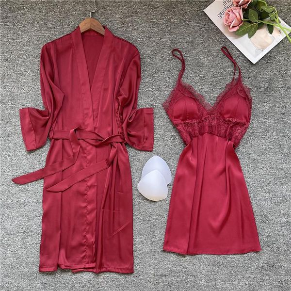 

women's sleepwear lady women lace trim satin short kimono robe nightgown bathrobe soft wedding bride bridesmaid homewear, Black;red