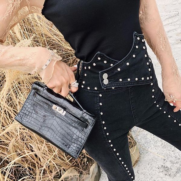 

black autumn patchwork beading jeans womens pant high waist slim denim ankle length pants female streetwear fashion kz484, Black;white