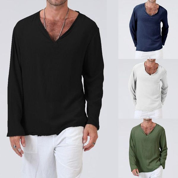 

men's casual shirts 2021 spring summer fashion blouse long sleeve v-neck beach shirt large size clothing home office wear, White;black