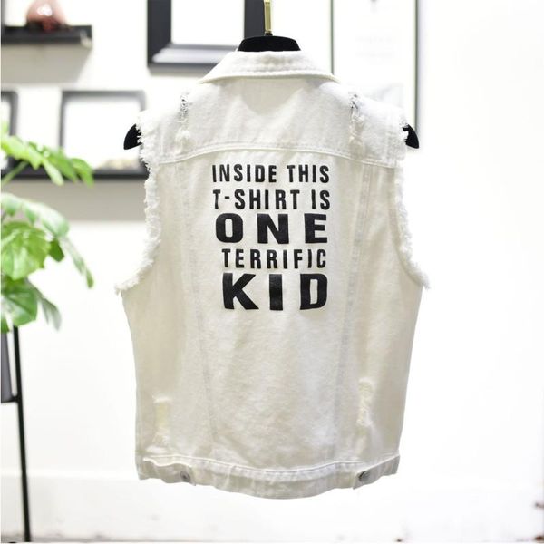 

women's vests 2021 spring summer women letters print hole denim vest ropa de mujer white frayed burrs casual sleeveless female jean co, Black;white