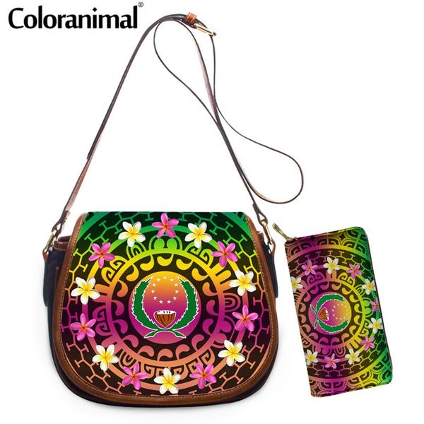 

evening bags coloranimal fashion pohnpei polynesian plumeria printed women crossbody bag pu leather 2set girls messenger with purse 2021