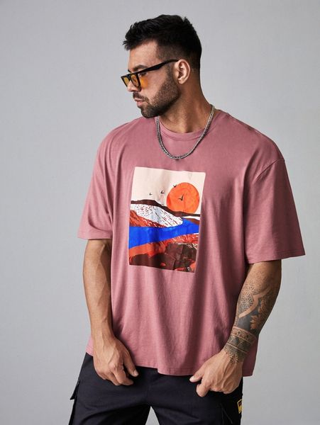 

extended sizes men landscape print tee a6px#, White;black