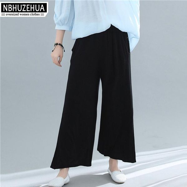 

women's pants & capris nbhuzehua women plus size trousers elastic black split wide leg summer cotton elegant loose female 5xl 19-d325, Black;white