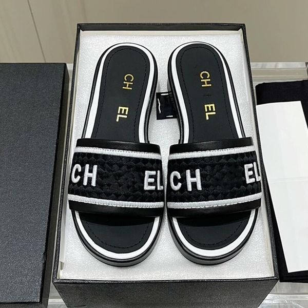 

69% off store online 2021 summer new slippers small fragrance round head middle heel sandals alphabet embroidery casual thick women's, Black