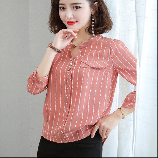 

spring summer style chiffon button womens shirt o neck long sleeve elegant striped loose korean dd8365, White