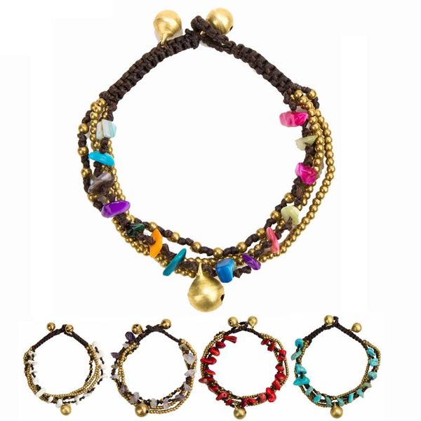 

charm bracelets handmade bohemian natural stone 4 layers gold beaded chain bell bracelet ethnic sting for women, Golden;silver