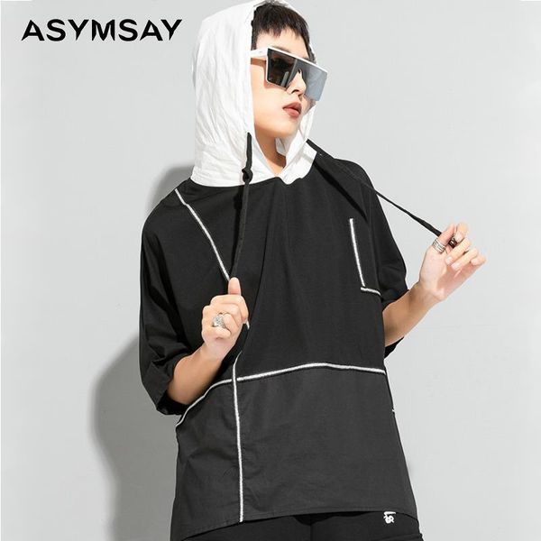 

women's t-shirt asymsay summer personality hooded short sleeve large big size hip hop patchwork bat tshirt tees, White