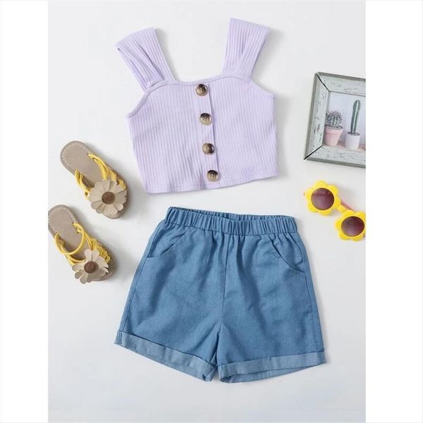 

2 7y girl clothing set summer toddler kid clothes outfit solid single breasted sleeveless vest shorts 2pcs, White