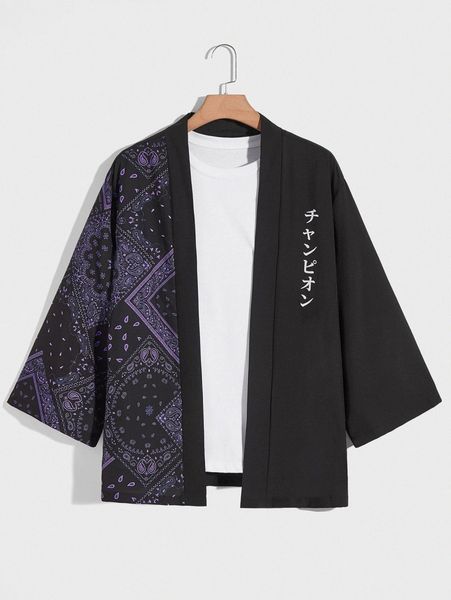 

men japanese letter & scarf print kimono without tee j0ex#, White;black