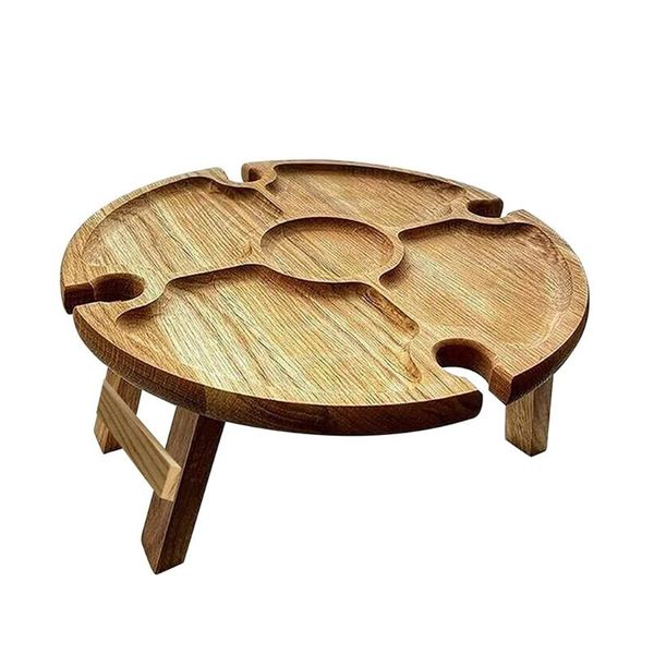 

camp furniture portable round wooden outdoor folding picnic table glass holder garden wine beach camping