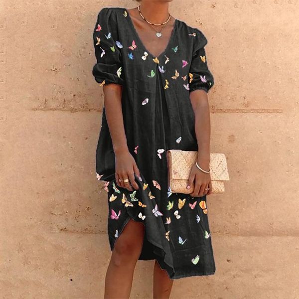 

women's swimwear colorful butterfly print women dress loose v-neck casual puff sleeve ladies midi summer beach holiday sundress vestido, White;black