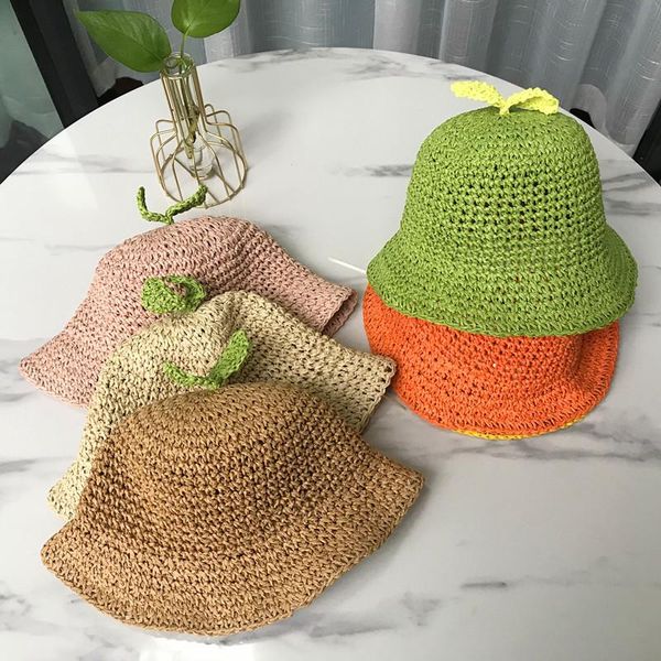 

fashion 2021 summer girl kids cute casual straw hat child baby outdoor travel holiday beach floppy lace sun cap for children caps & hats, Yellow
