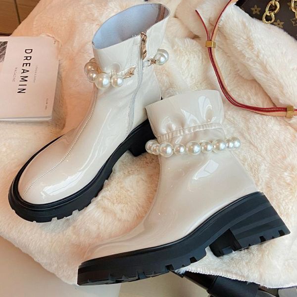 

boots brand design ankle women platform shoes 2021 wild chunky high heels patent leather net red pearl booties, Black