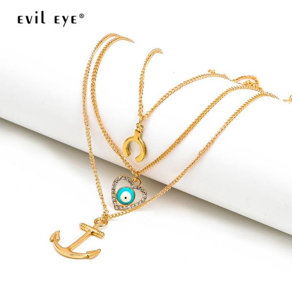 

pendant necklaces evil eye heart layered necklace alloy gold color long neck chain fashion jewelry gifts for women female ey2768, Silver
