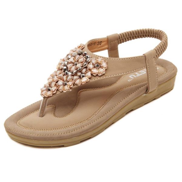 

women's shoes 2021 summer sweet sandals bohemian flowers rhinestone flat, Black