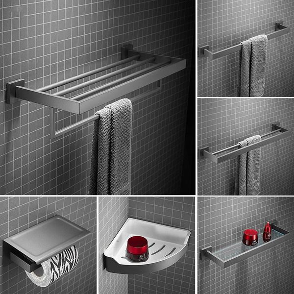 

gun grey bathroom hardware accessory set 304 stainless steel towel rack paper/toilet brush holder corner glass shelf soap dish bath