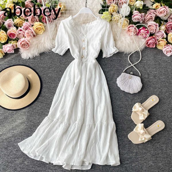 Abito donna bianco estate elegante scollo a V monopetto manica corta svasata abiti vintage donna coreana chic robe mujer 210715