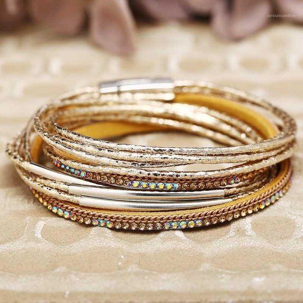 

vintage boho jewellery gold multi layer leather magnetic buckle crystal bead braided bracelet boyfriend girlfriend bracelets1, Golden;silver
