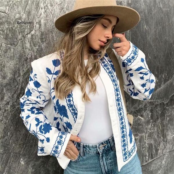 

women's jackets woman elegant blue embroidery cotton jacket spring chic female loose soft button outwear ladies streetwear floral, Black;brown