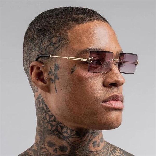 

sunglasses masculine luxury rimless rectangular 2021 trendy square men women shades dark brown frameless gafas oculos, White;black