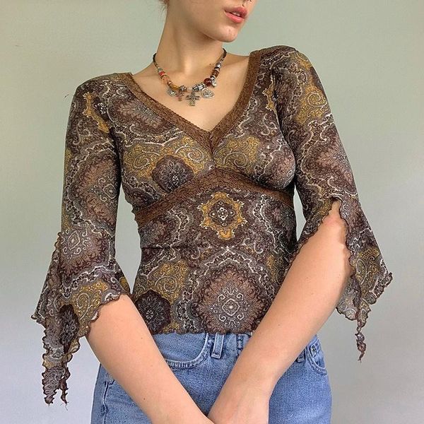 

women's t-shirt summer fashion vintage lace mesh floral print t-shirts woman half flare sleeve v neck elegant brown tee shirts, White