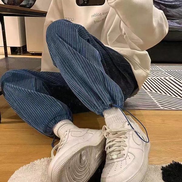 

men's pants warm korean street 2021 casual tie leg straight corduroy pure color oversized jogging pants men qw02, Black
