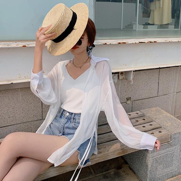 

women's blouses & shirts 2021 summer elegant solid irregular single breasted women thin sun protection shirt sunscreen blouse white fem