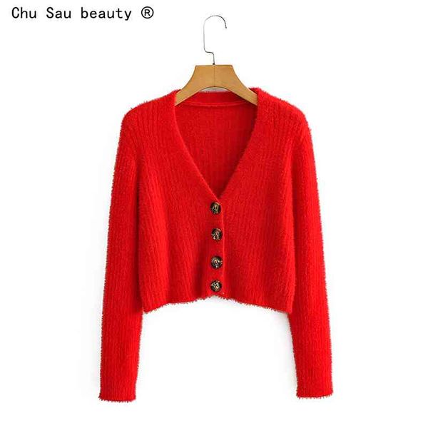 

autumn winter vintage korean crop knitted cardigan woman solid v-neck single-breasted short mohair sweater 210508, White