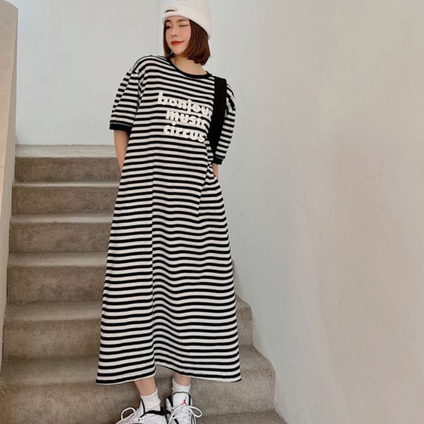 

21 korea summer fashion elegant personality loose large black size striped printed robe dress casual women 2xl16f1142 210510, Black;gray