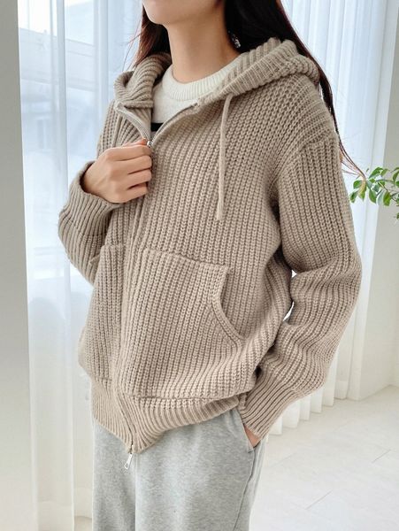 

dazy zip up drop shoulder drawstring hooded cardigan n51m#, White