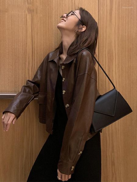 

short brown leather jacket women long sleeve drop shoulder 2021 plus size faux jackets for spring shirt women's &, Black