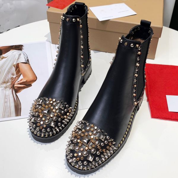 

genuine leather women ankle boots designer shoes woman rivets autumn winter short boot with heels, Black