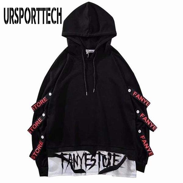 

black hooded fake two pieces hoodies sweatshirts men long sleeve drawstring letter ribbons pullover casual hip hop streetwear 210715