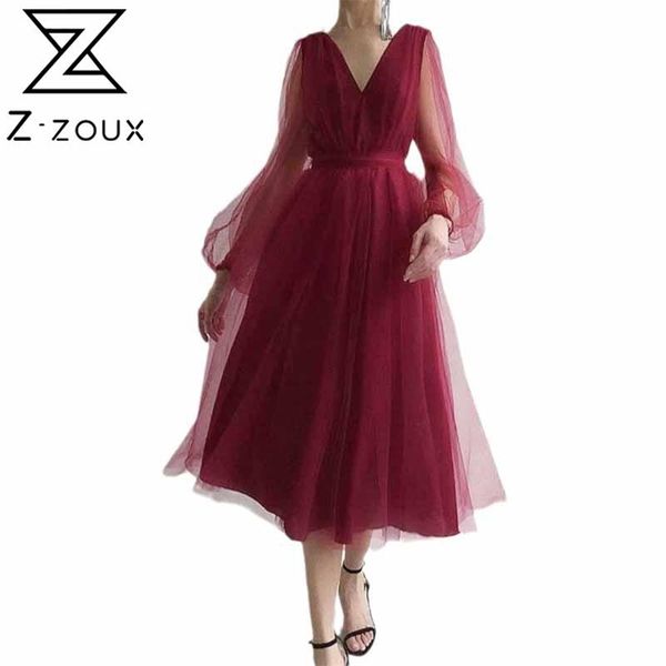

women dress mesh temperament party es deep v neck lantern sleeve maxi high waist large swing plus size es 210513, Black;gray