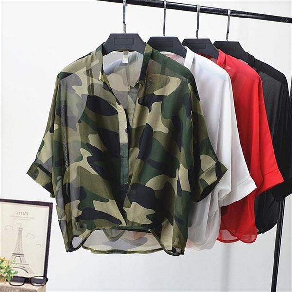 

summer chiffon chic womens shirt batwing sleeve two piece thin solid blouse women camouflage basic casual, White
