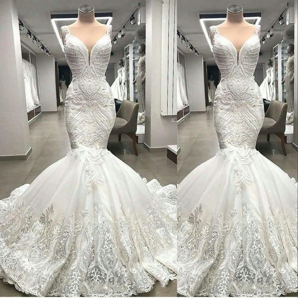 2021 Sexy Árabe ASO EBI Vestidos De Casamento De Sereia Vestidos Espaguete Cintas Completas Lace Appliques Pérolas Beading Sem Mangas Plus Size Long Bidal Vestidos Robe de Mariee