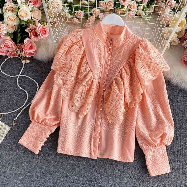 

vintage pink/black/white lace blouse women elegant stand collar lantern long sleeve slim shirts sweet fashion autumn winter 210426