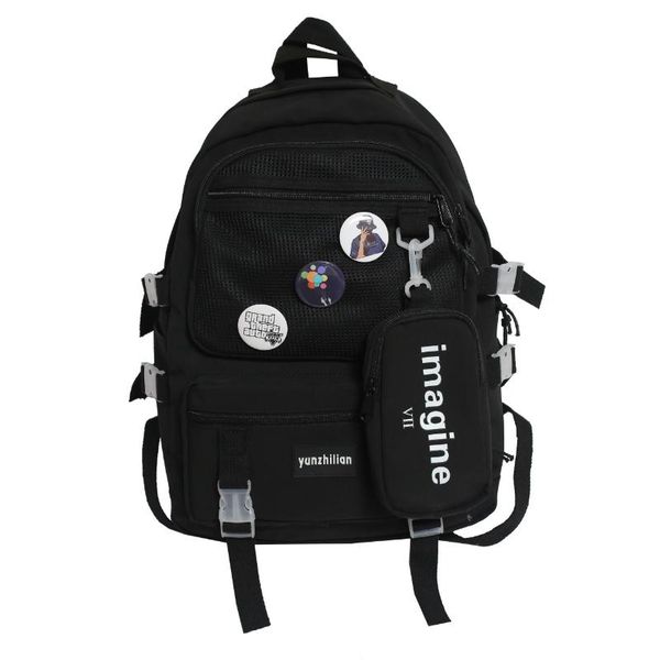 

school bags fashion women's backpack cute badge pin solid color nylon schoolbag for girls large capacity with many pockets rucksack