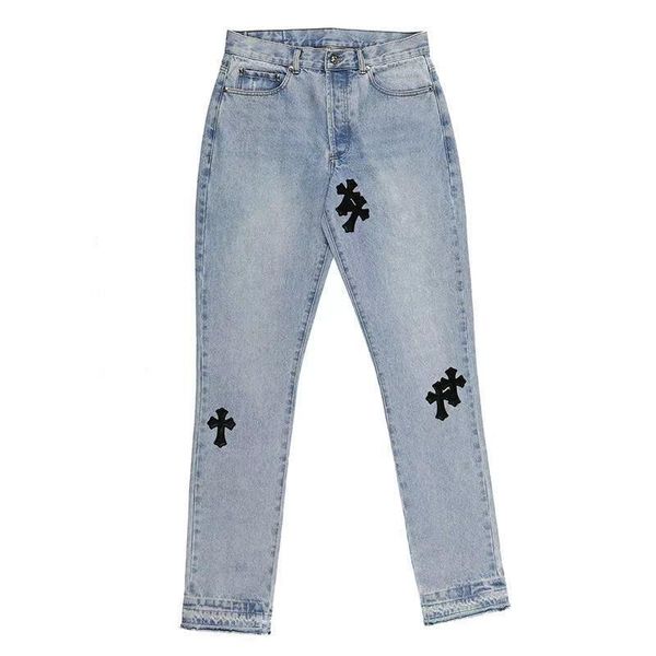 

men's jeans high street cross embroidered silver buckle rest wash water blue straight tube