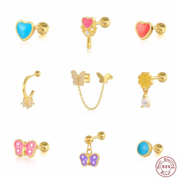 

stud gs 925 sterling silver blue pink enamel heart earrings for women butterfly ear studs dripping oil craft piercing jewelry, Golden;silver