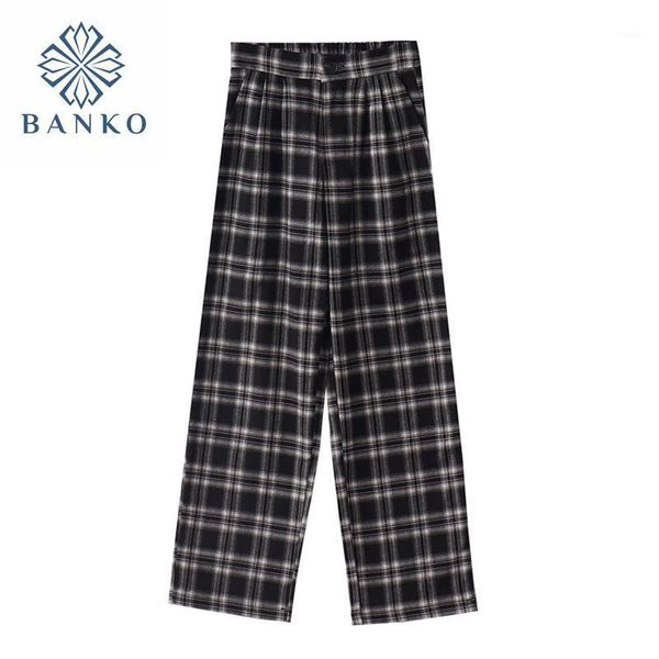 

wide leg pants women's 2021 summer vintage plaid print loose straight female casual fashion basic soft trouser ulzzang & capris, Black;white