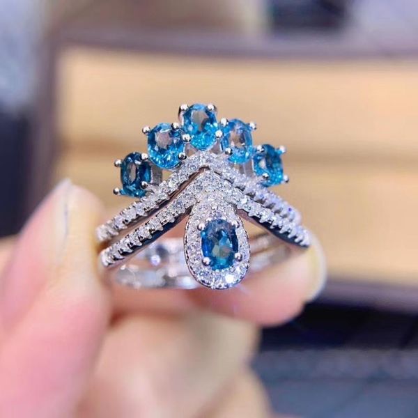 

cluster rings elegant crown tassels natural london blue z gem ring gemstone s925 silver women party girl gift fine jewelry, Golden;silver