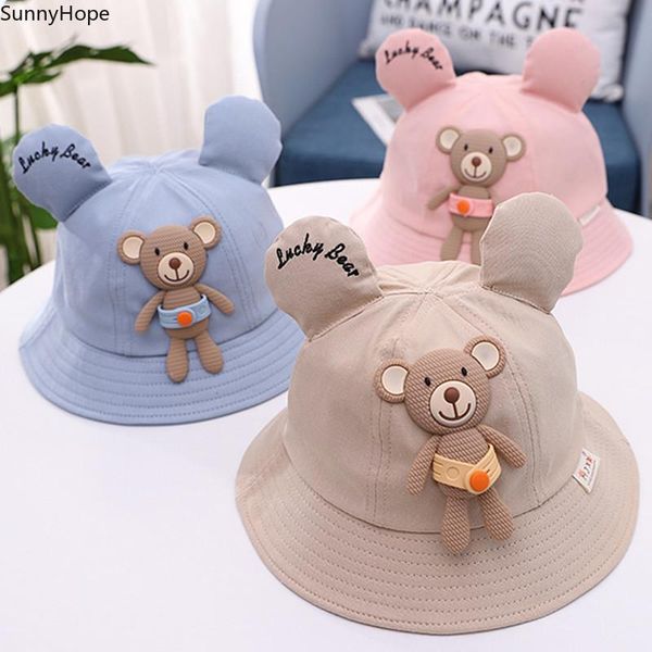 

wide brim hats summer baby sun hat boys cap children beach girls bucket cartoon infant caps uv protection cute little bear, Blue;gray