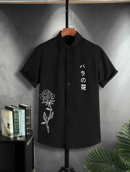

men floral and japanese letter graphic shirt s6ag#, White;black