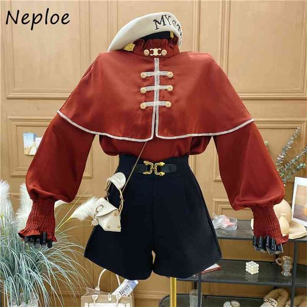 

court style button design solid blouse women stand collar long sleeve loose ol blusas spring shirt feminino 210422, White