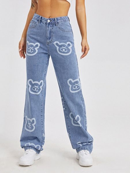 

light wash high waist straight leg jeans 35iy#, Blue