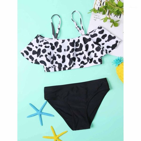 

summer girls swimwear infant kids baby sling ruffle cow print swimsuit + swim trunks split beach bikini set one-pieces, Black